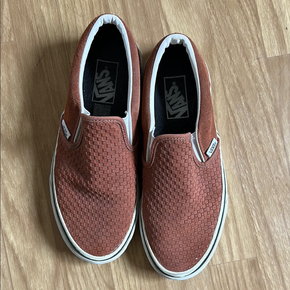 Vans Brown Slip-On Sneakers with Checkerboard Pattern
